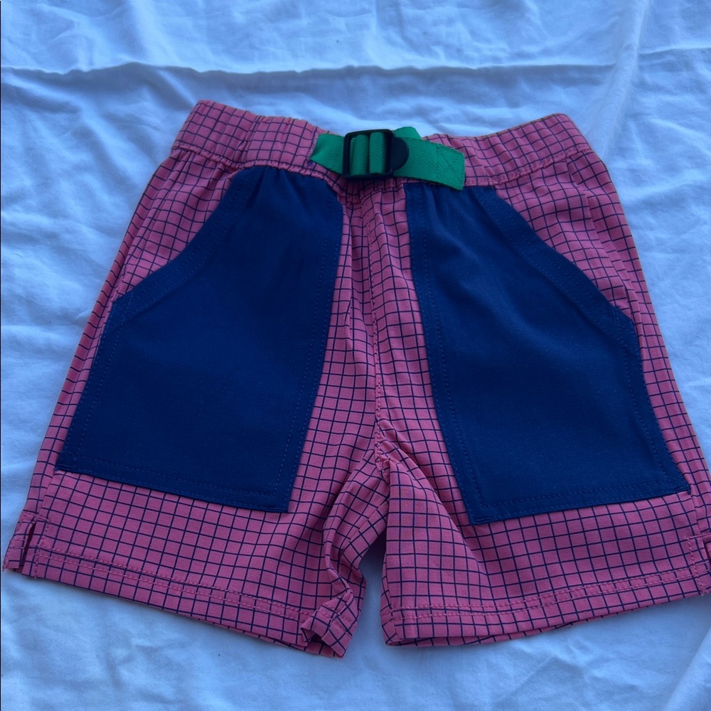 Hanna Andersson Coloblock Red and Navy Camp Grid Shorts::NWT::2T